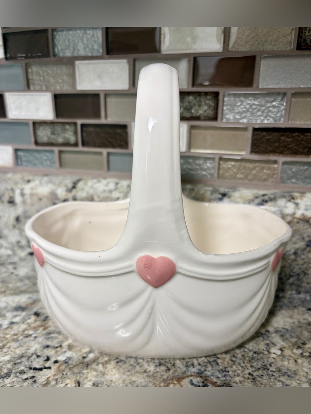 Vintage 1985 Cream White Pink Hearts ceramic basket made in Japan by FTDA, 1980s
